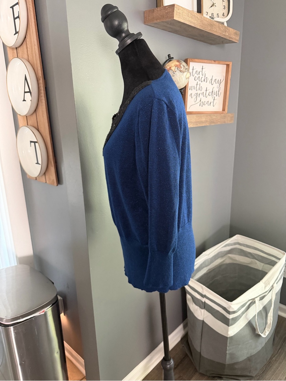 august silk Navy V-Neck Sweater with Black Sequin Trim - Picture 3 of 6